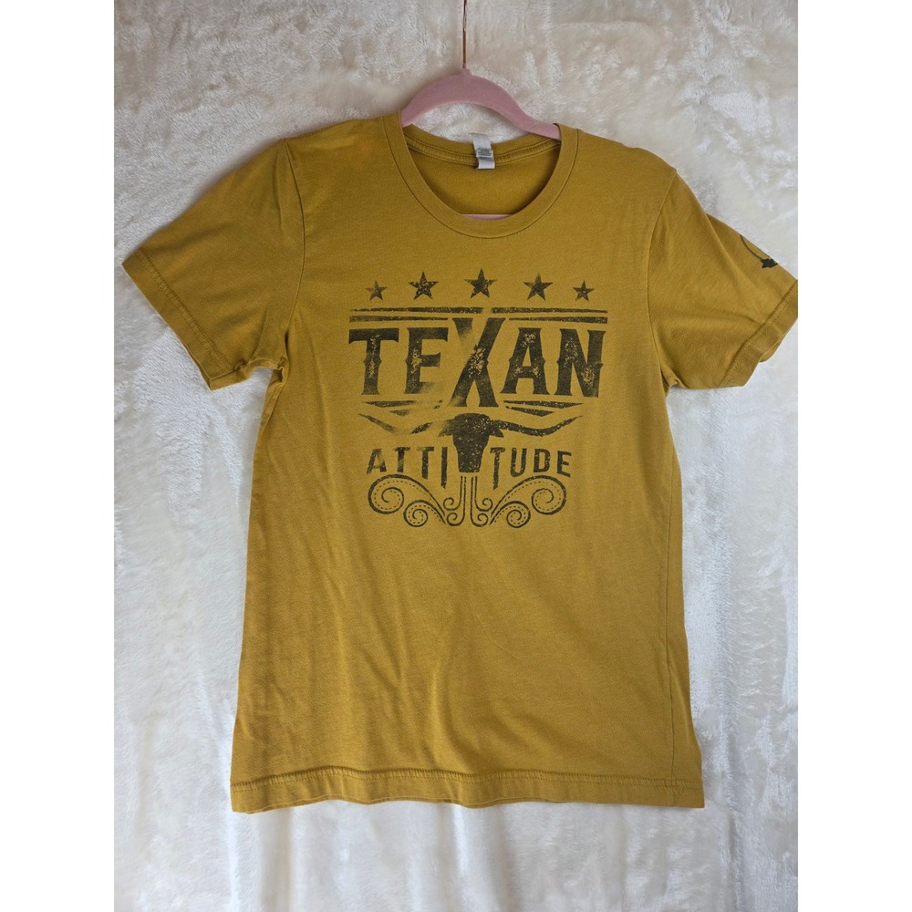 Bella Canvas "Texan Attitude" Graphic Tee Mustard Yellow Longhorn Skull Women's